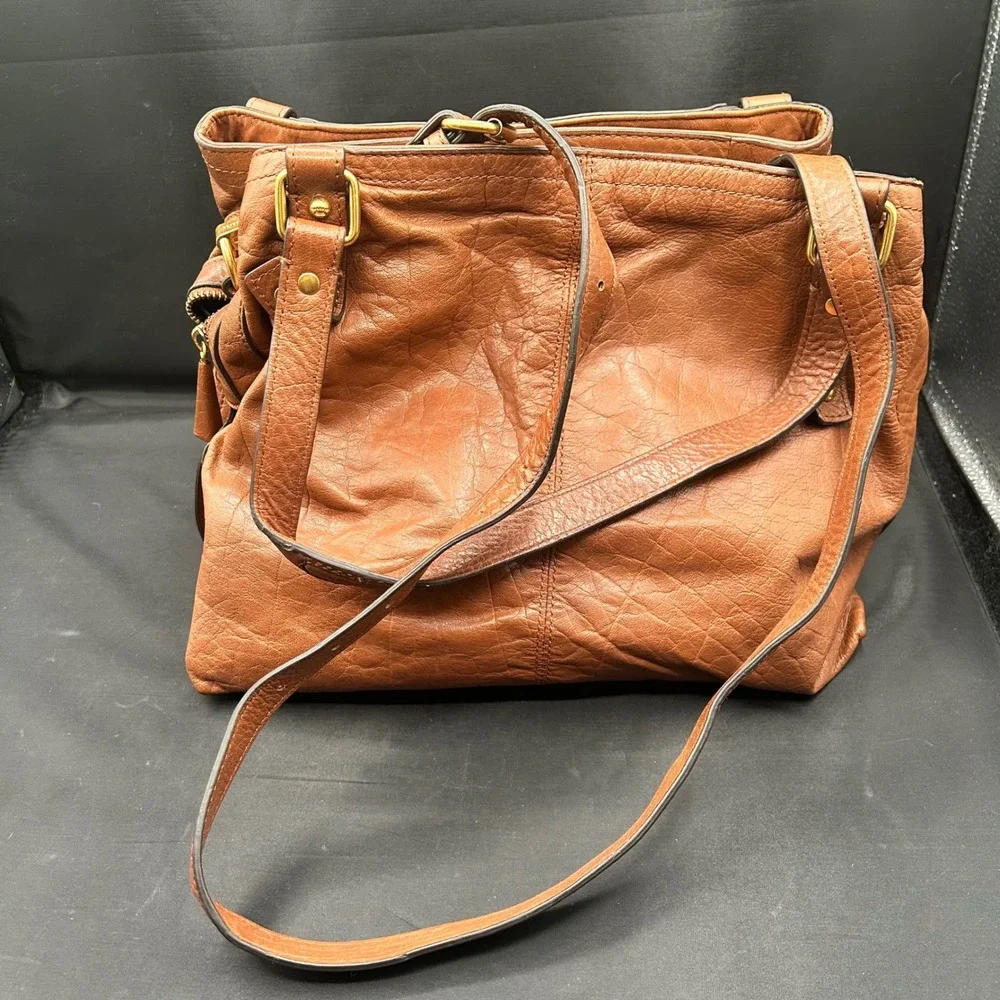 Juicy Couture Brown Buffalo Leather Satchel Crossbody Bag Gold Hardware Navy